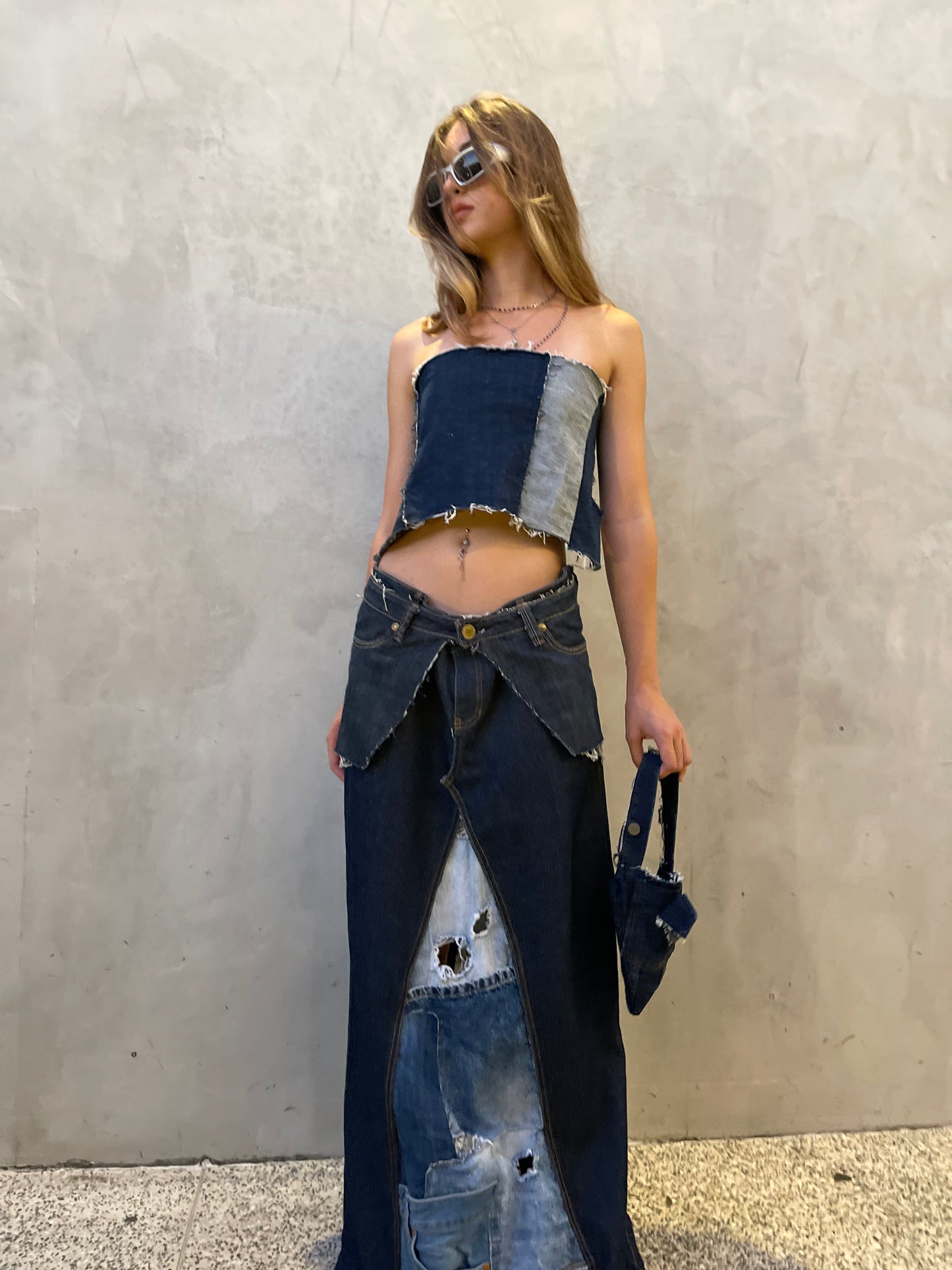 Patchwork Denim Maxi Skirt