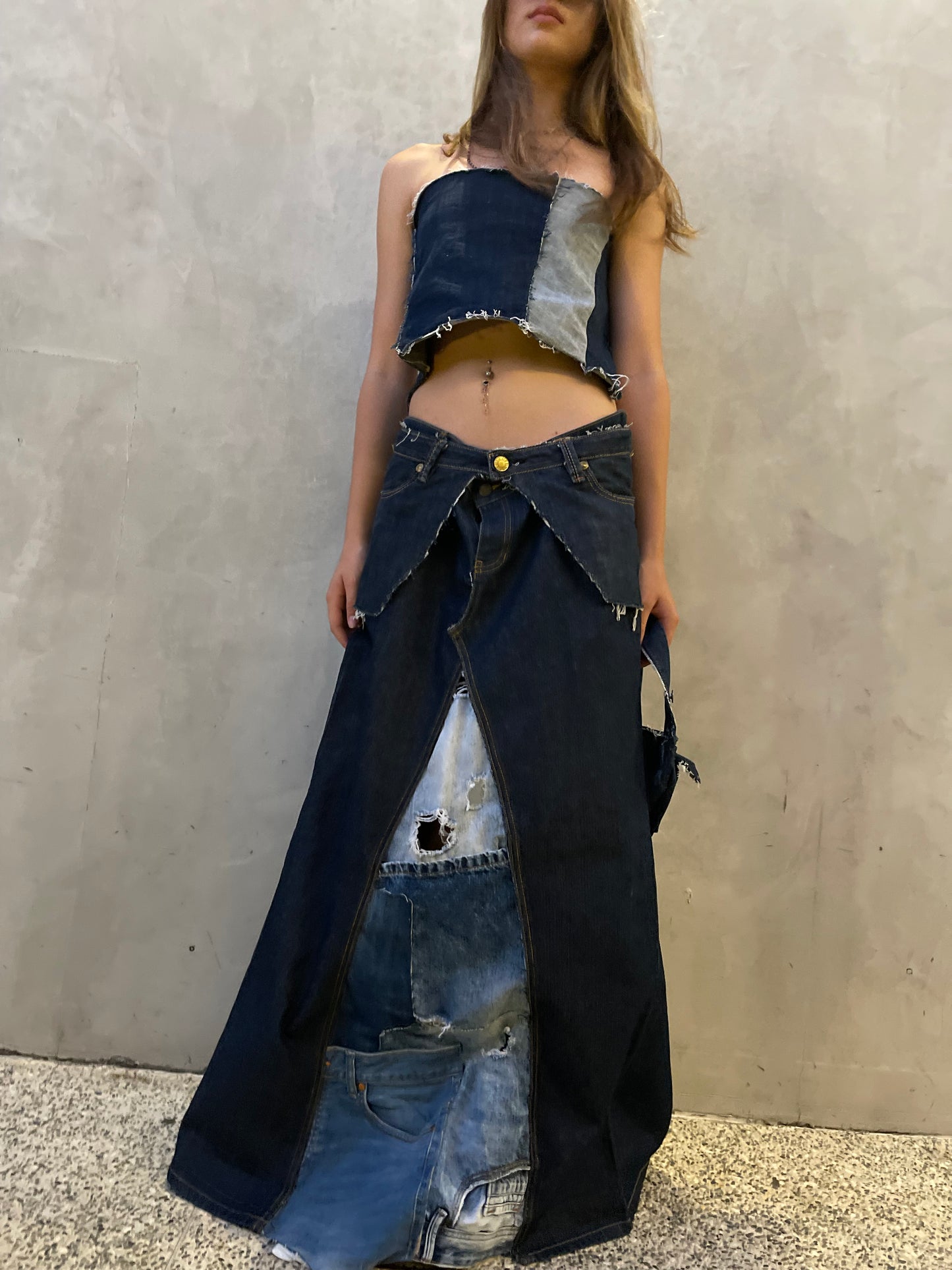 Patchwork Denim Maxi Skirt