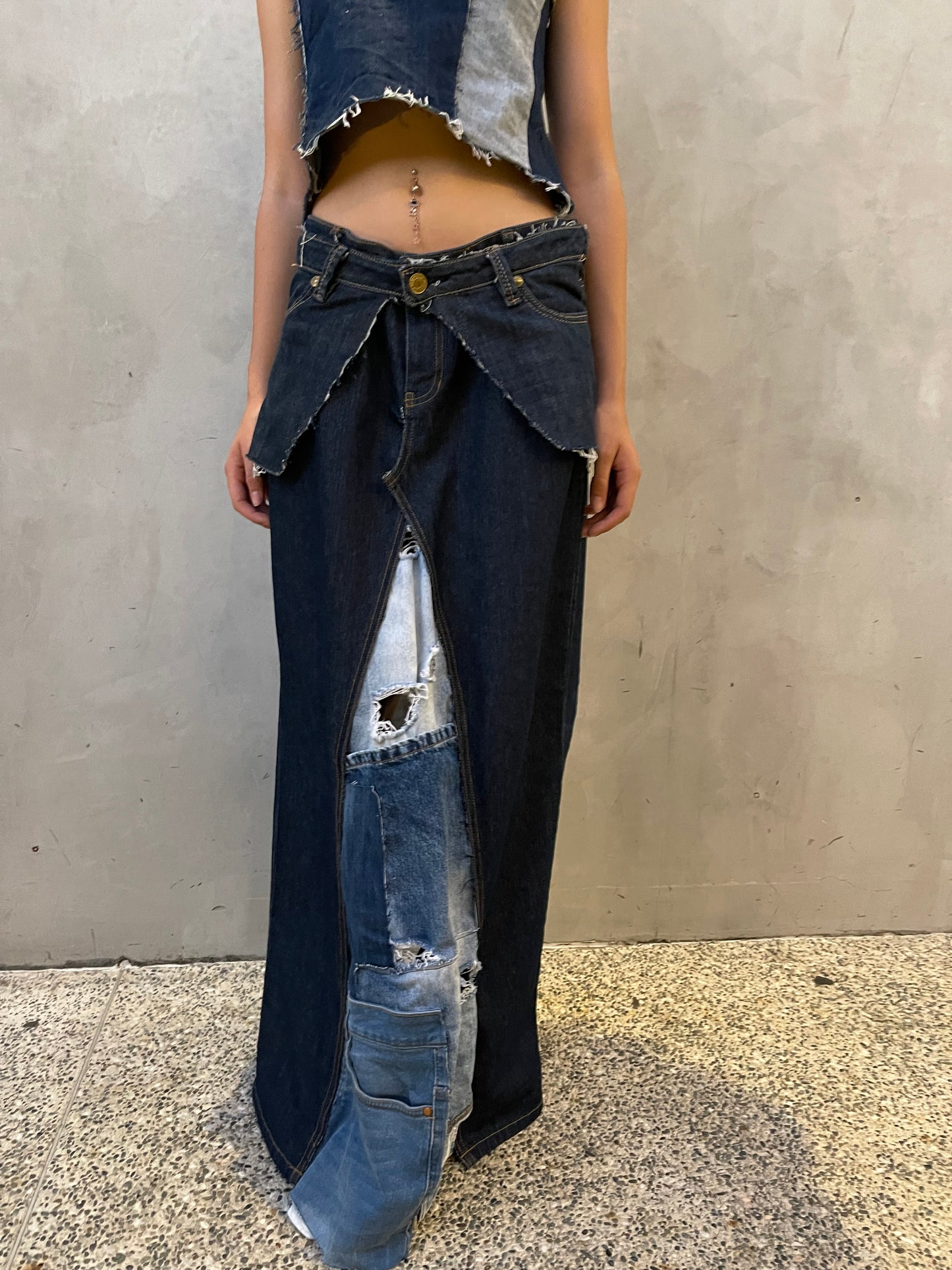 Patchwork Denim Maxi Skirt