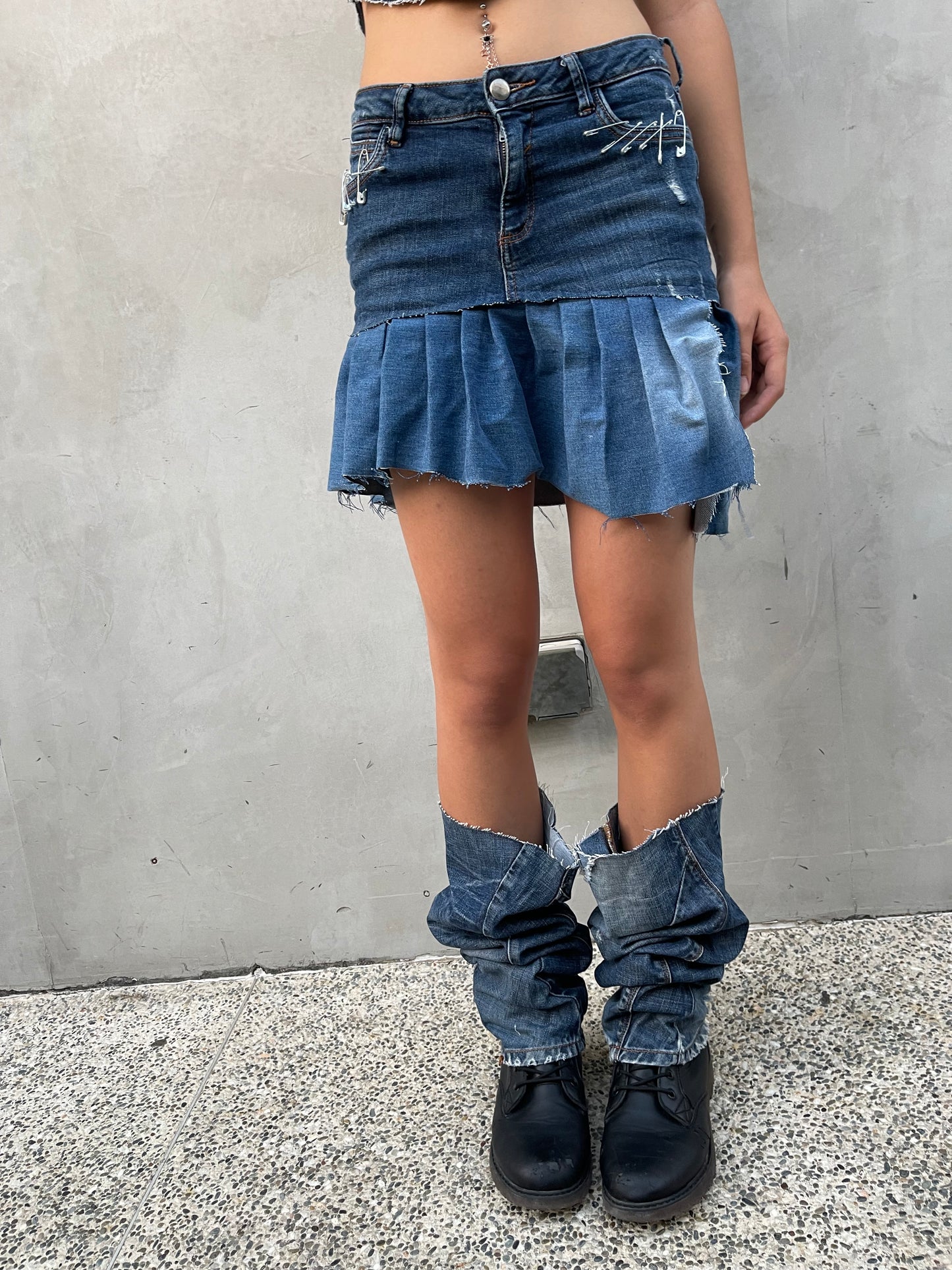 Denim Plisse Skirt w/leg warmers