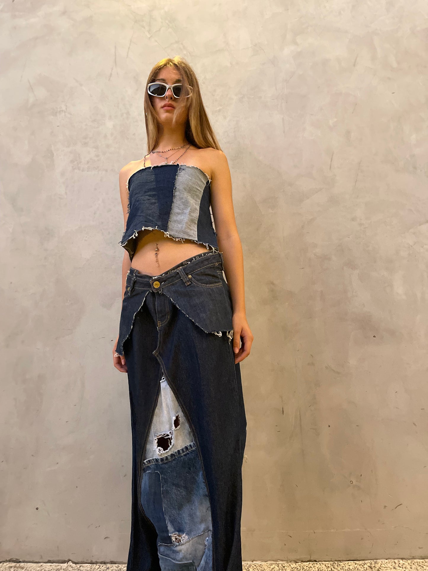 Patchwork Denim Maxi Skirt