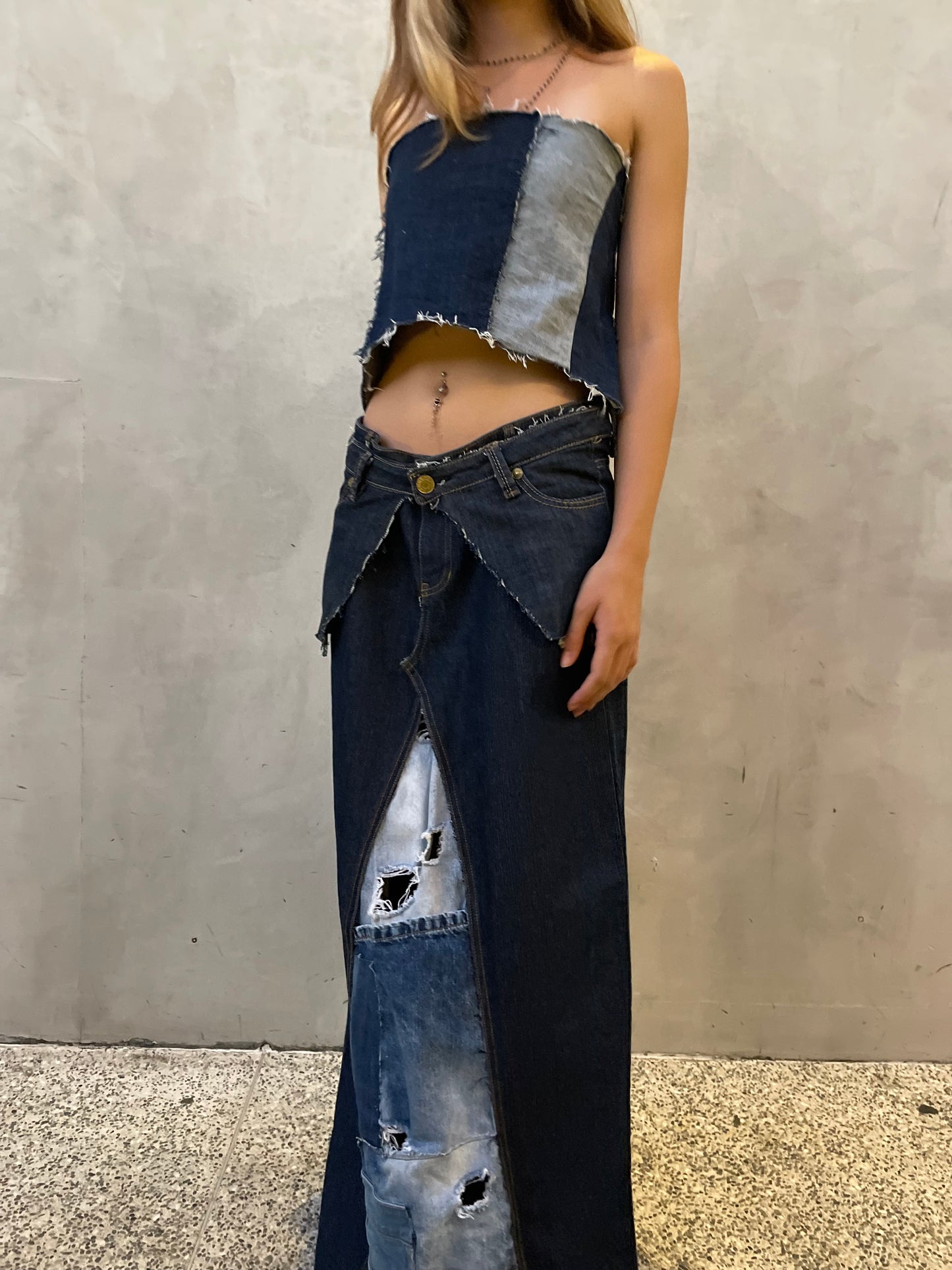 Patchwork Denim Maxi Skirt